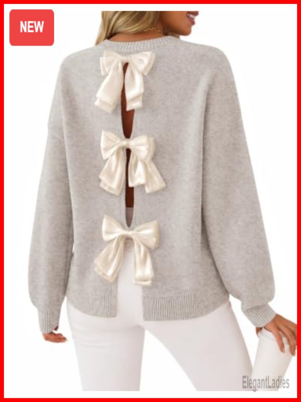 Oversized Bow Back Sweater Pullover Crew Neck Open Back Bow Knot Knit